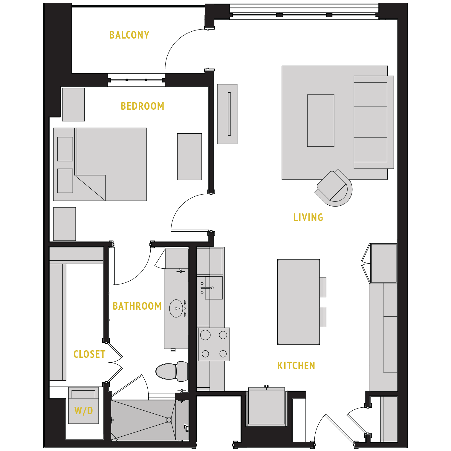 Floor plan for 1 bed, 1 bath, 768 sqft